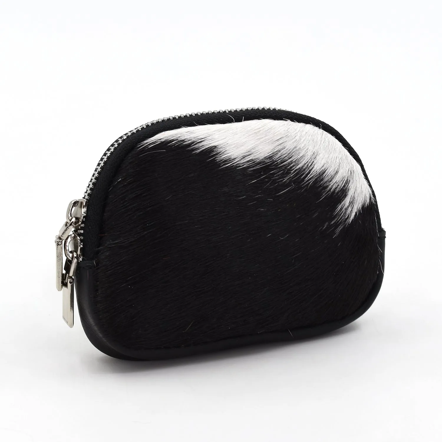 Leather coin purse with one side real cow hide and double zip