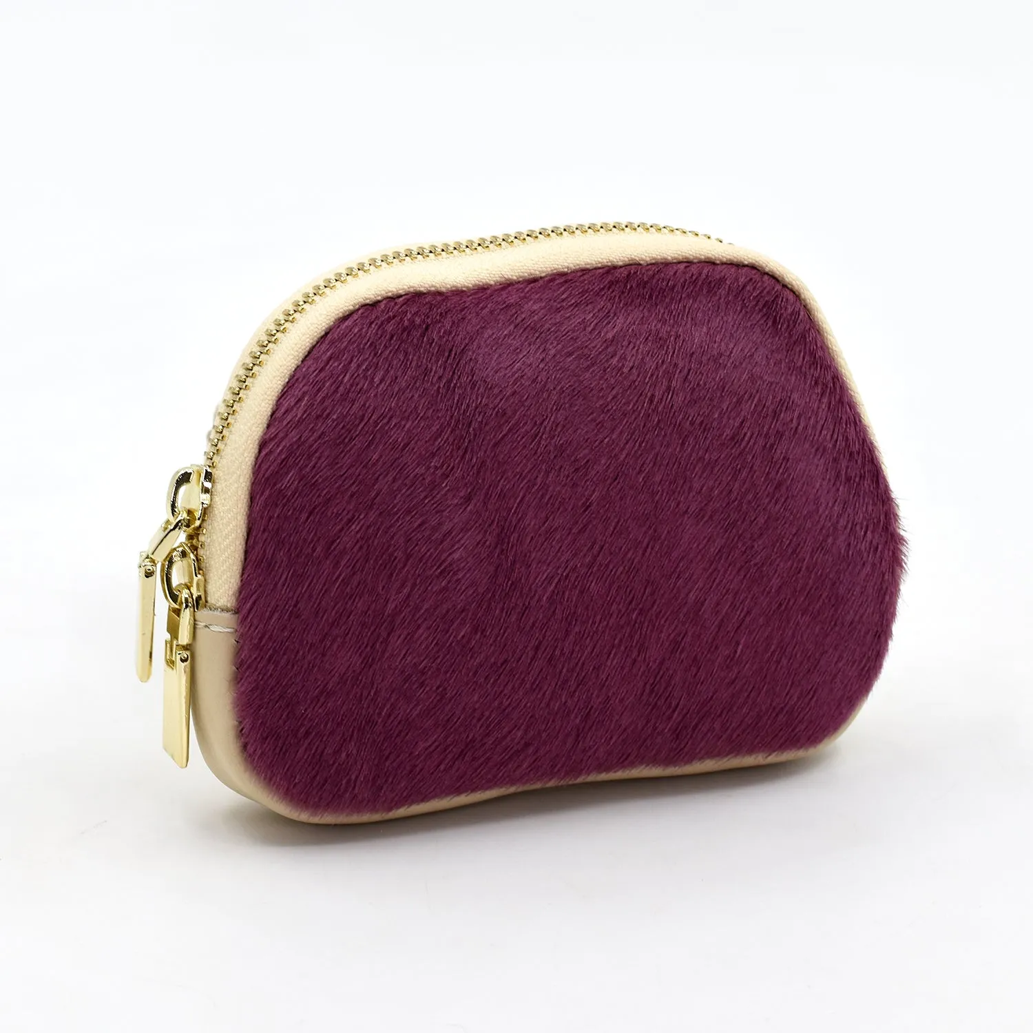 Leather coin purse with one side real cow hide and double zip