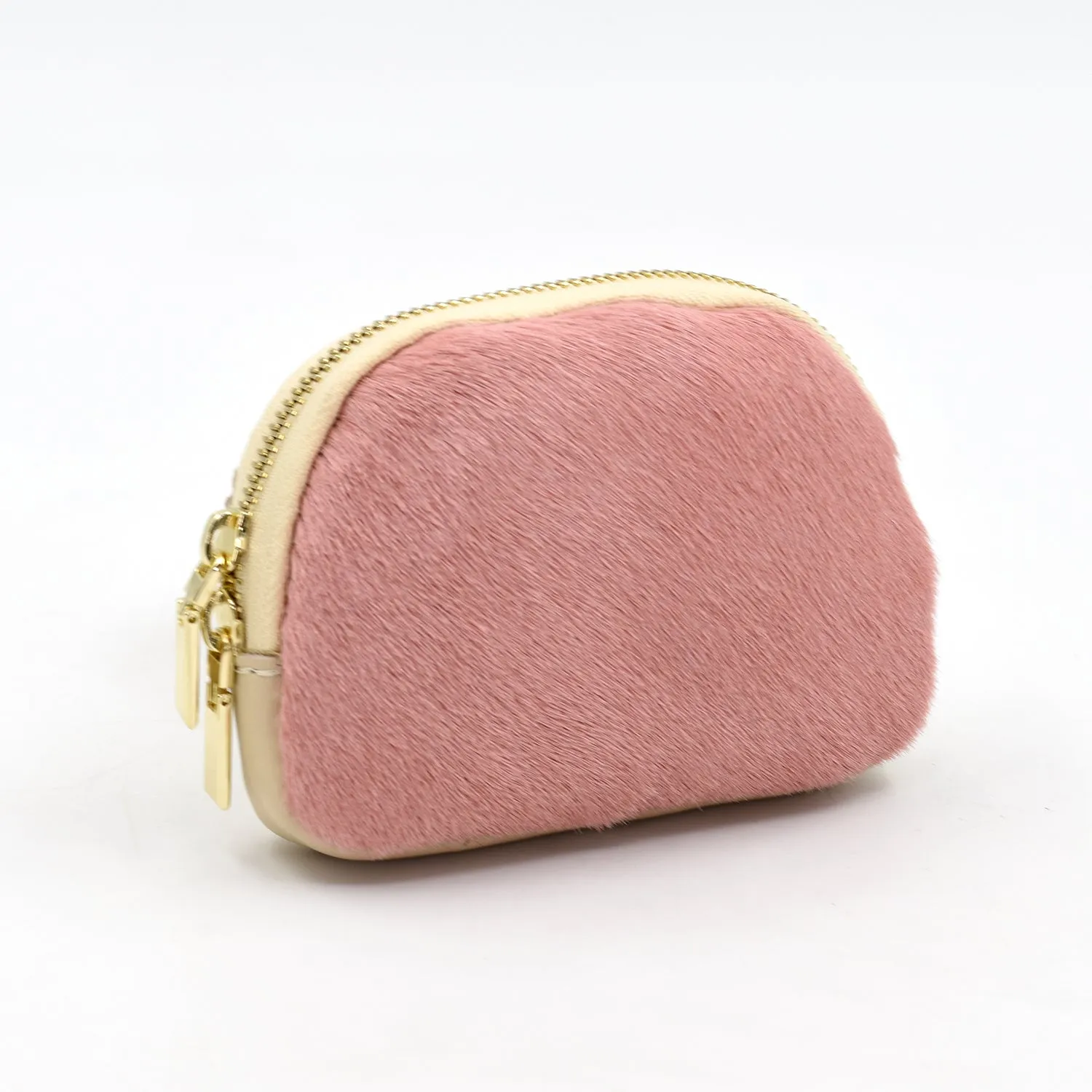 Leather coin purse with one side real cow hide and double zip