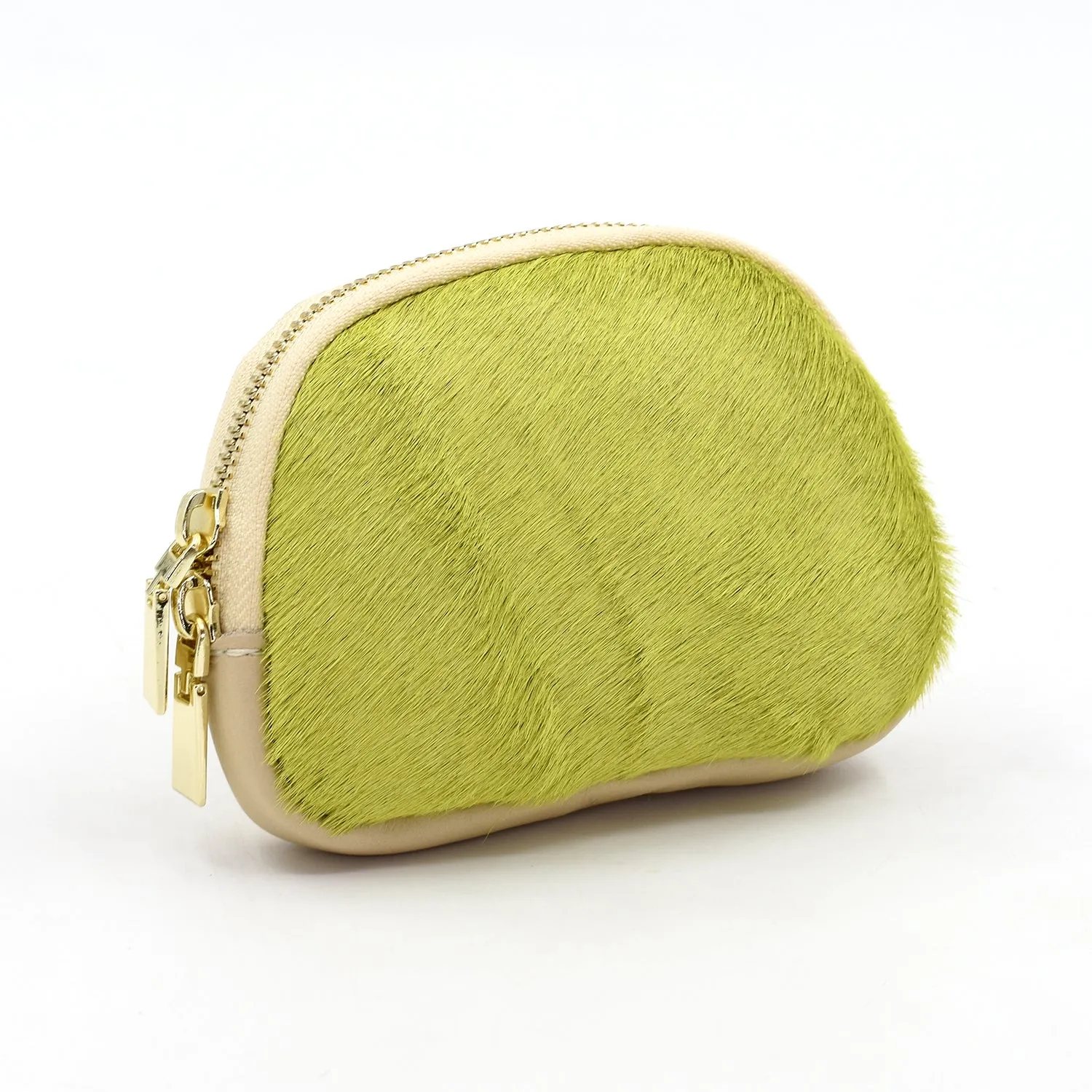 Leather coin purse with one side real cow hide and double zip