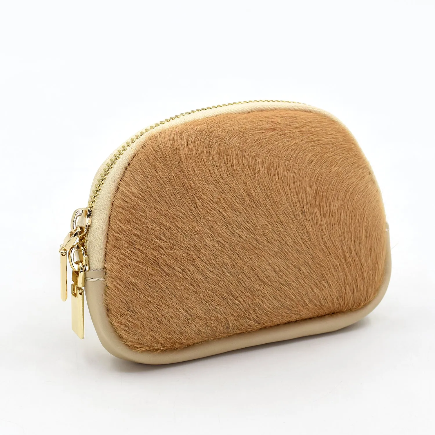 Leather coin purse with one side real cow hide and double zip