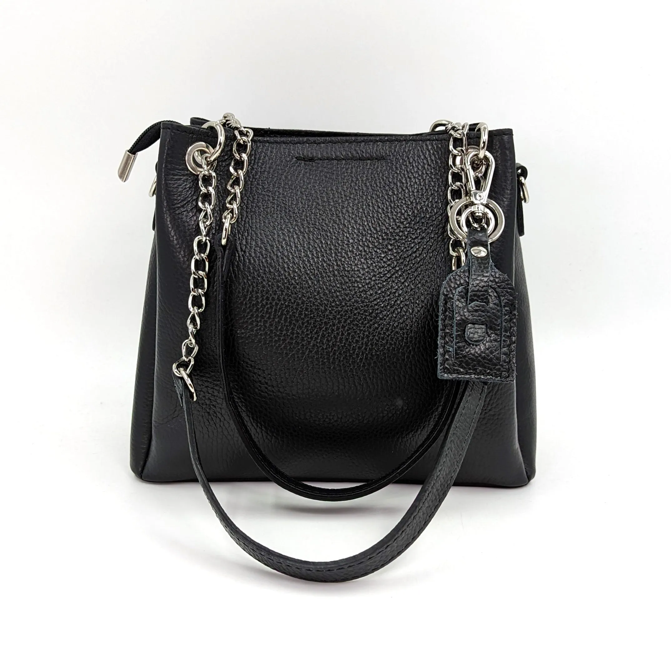 Leather handbag with part chain strap and keychain feature