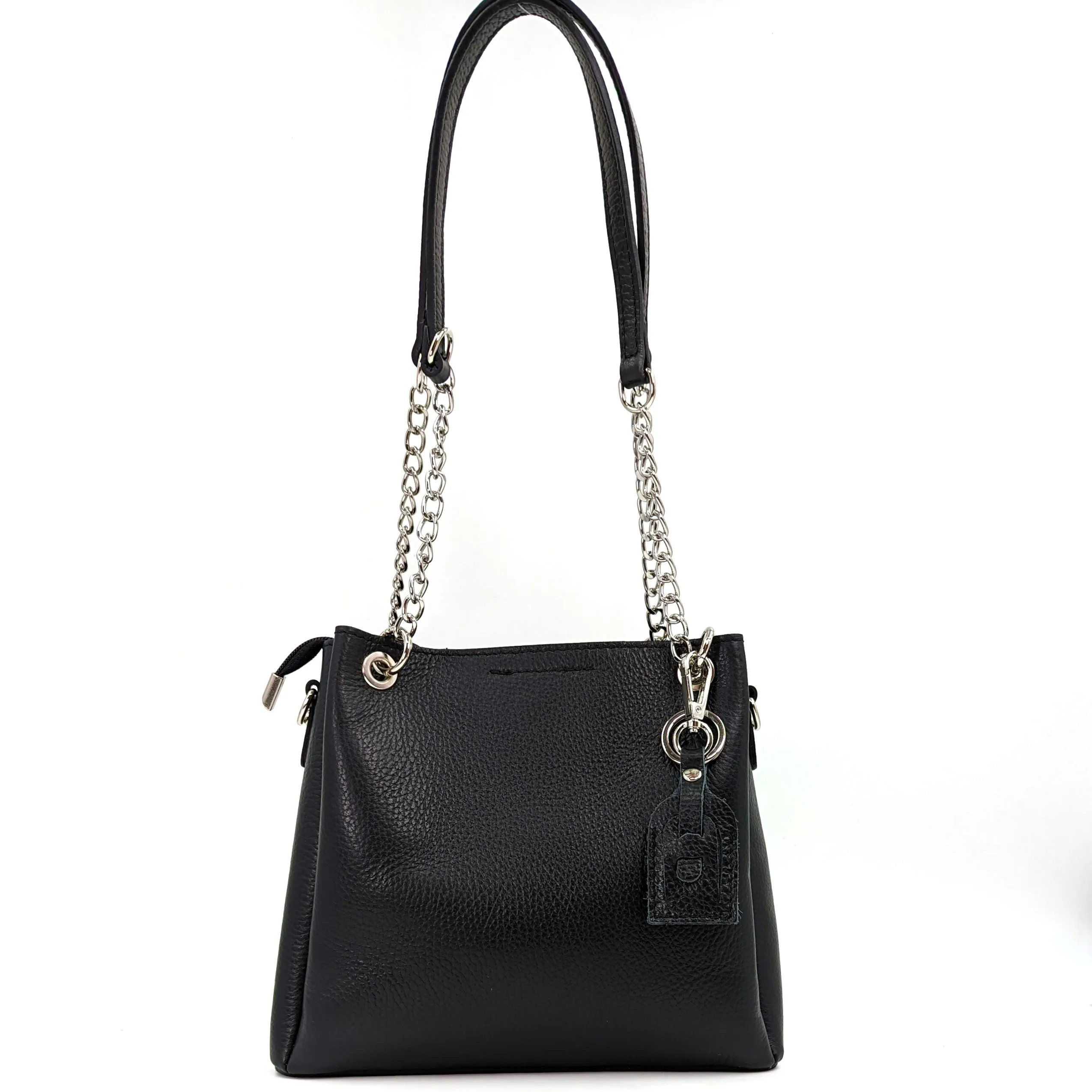 Leather handbag with part chain strap and keychain feature