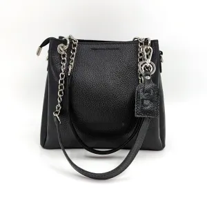 Leather handbag with part chain strap and keychain feature