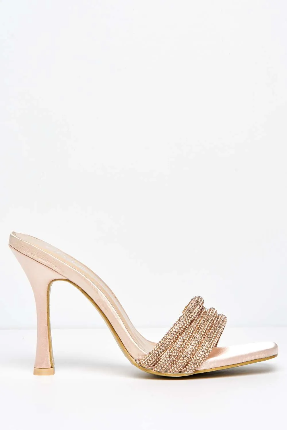 Leevia Diamante Embellished Heeled Mules in Champagne