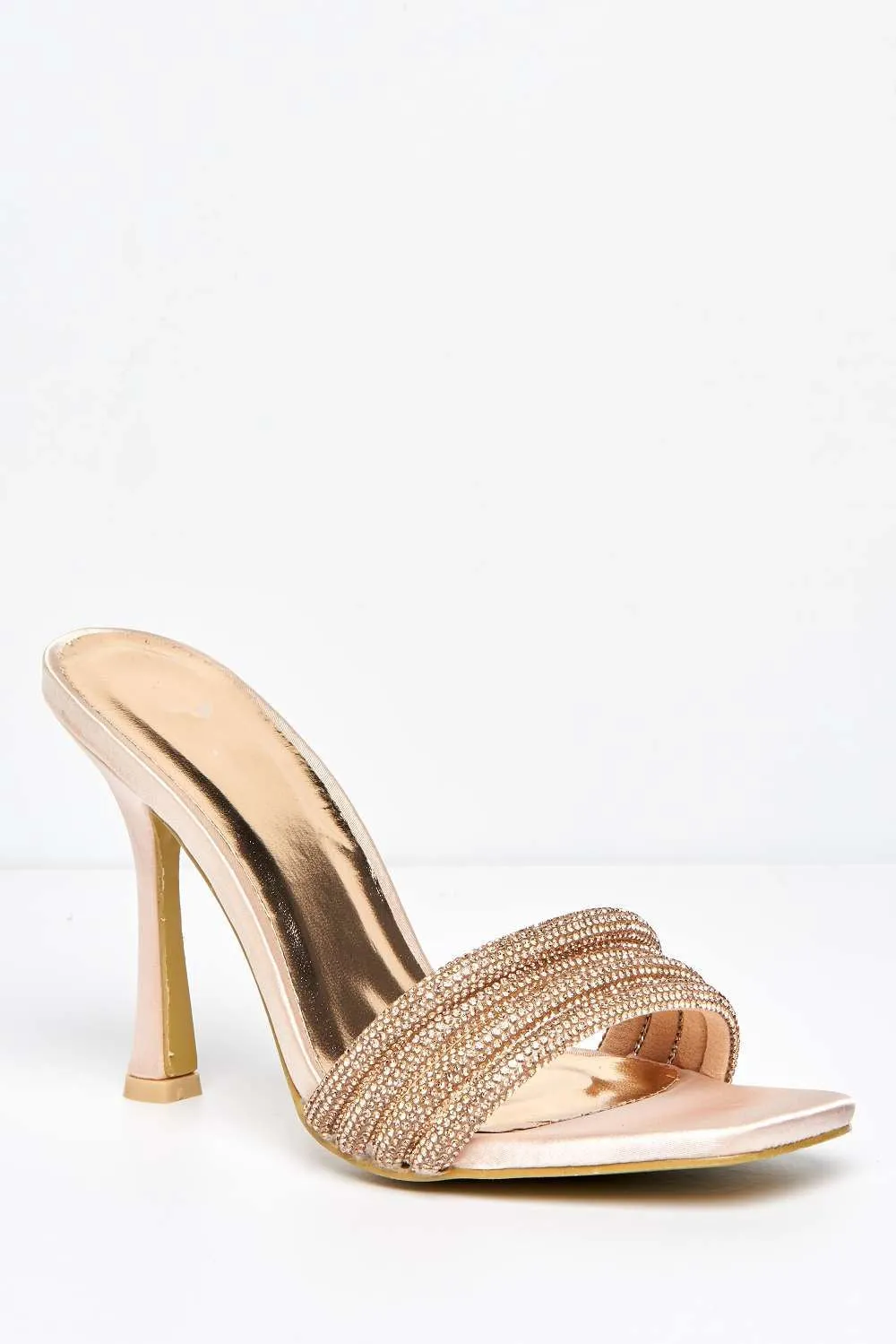 Leevia Diamante Embellished Heeled Mules in Champagne