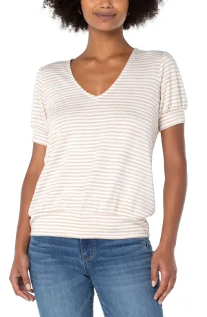 Liverpool Twist Back Striped Short Sleeve Knit Top (Khaki & White)
