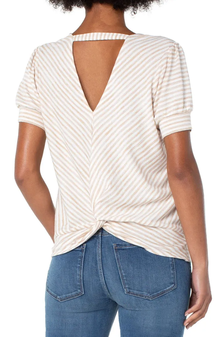 Liverpool Twist Back Striped Short Sleeve Knit Top (Khaki & White)