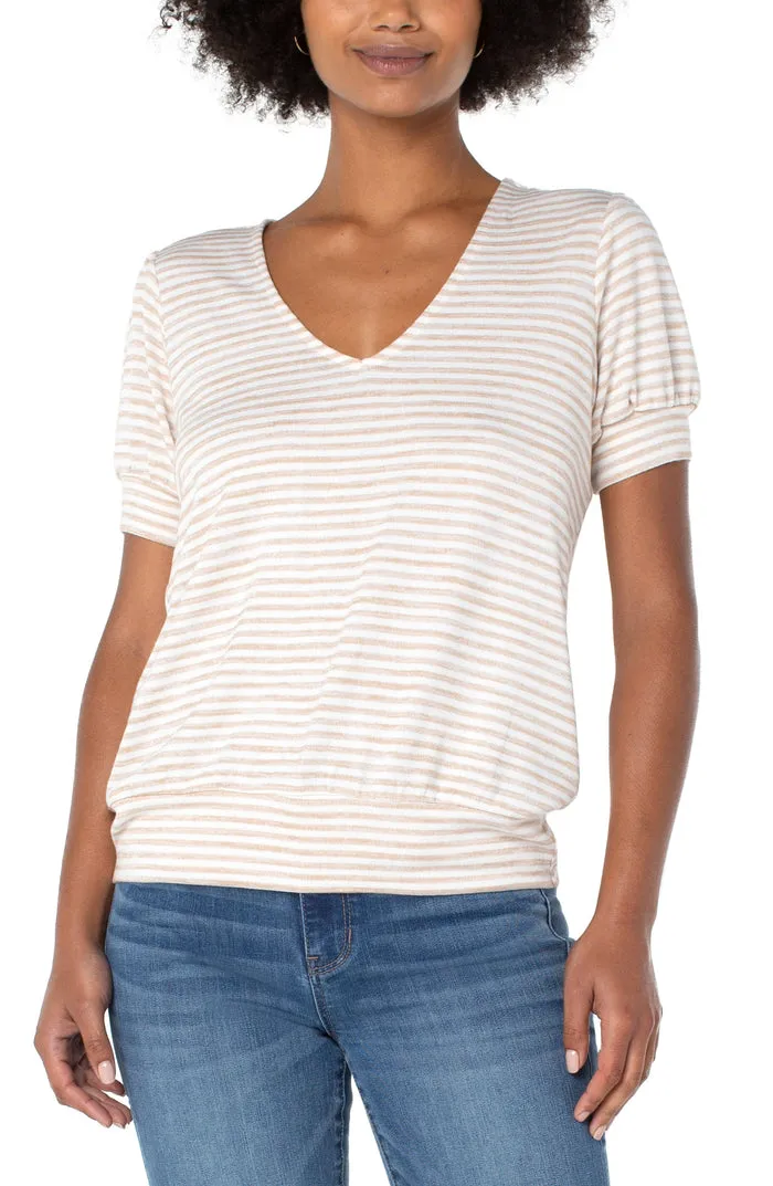 Liverpool Twist Back Striped Short Sleeve Knit Top (Khaki & White)