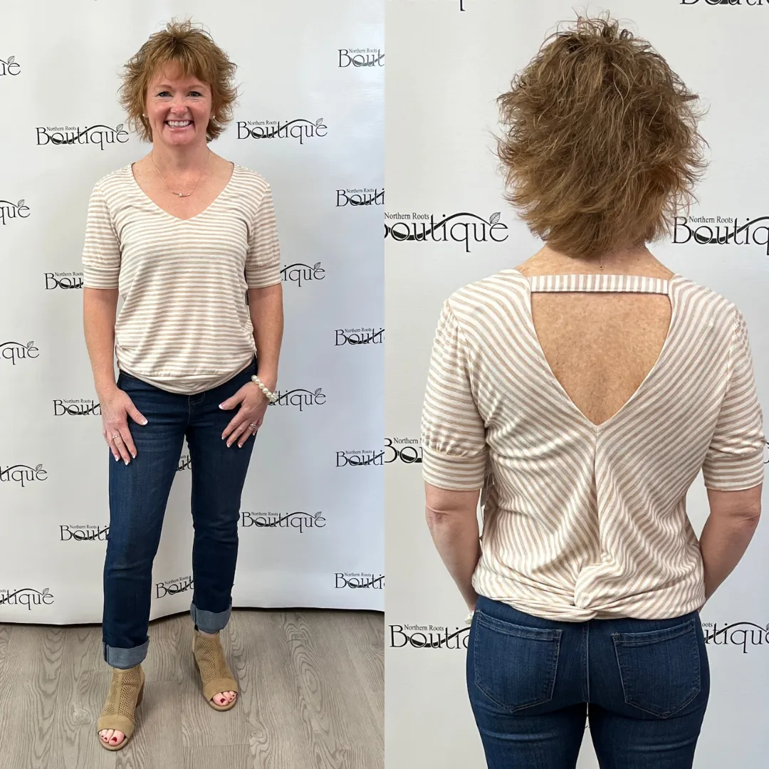 Liverpool Twist Back Striped Short Sleeve Knit Top (Khaki & White)