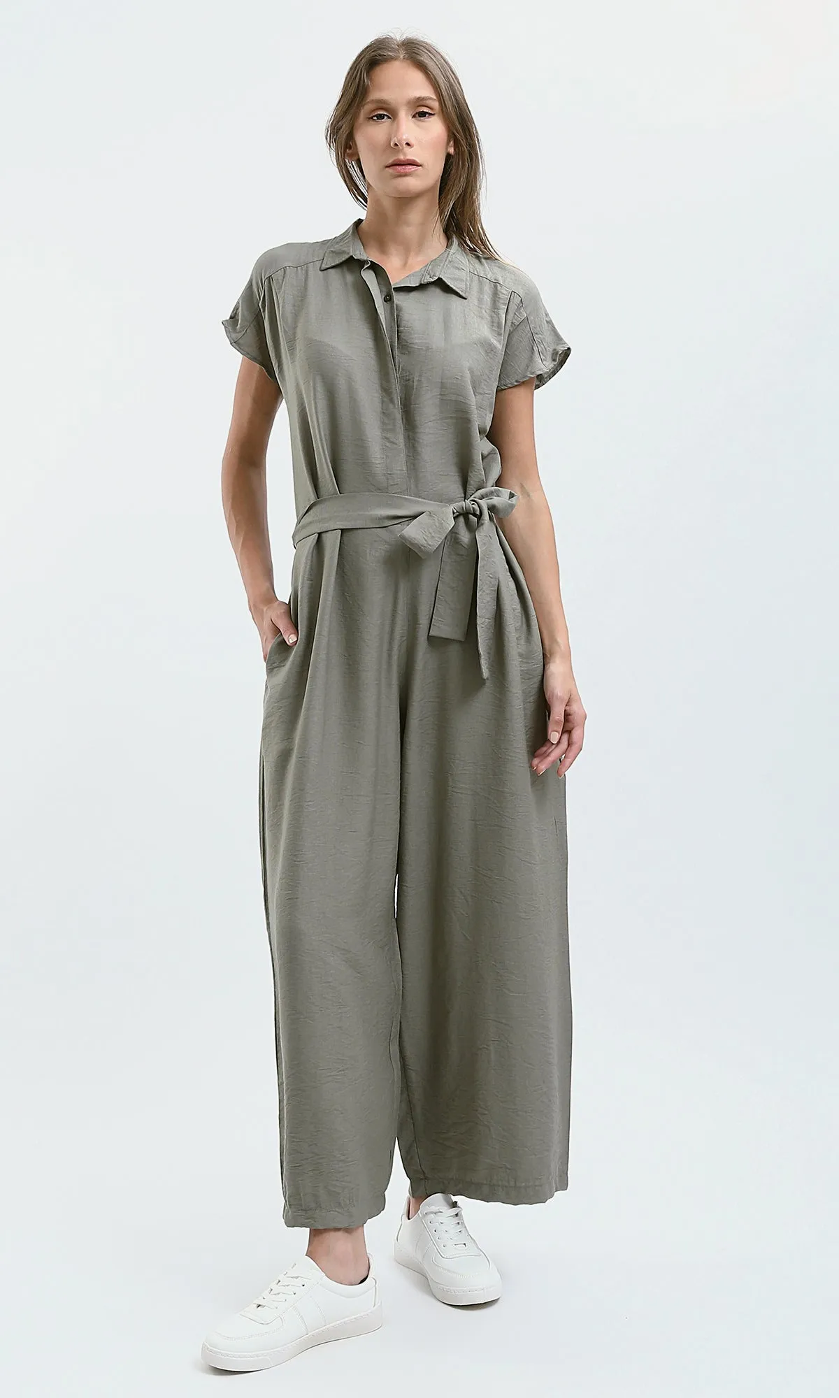 O178606 Dark Mint Summer Jumpsuit With Classic Collar