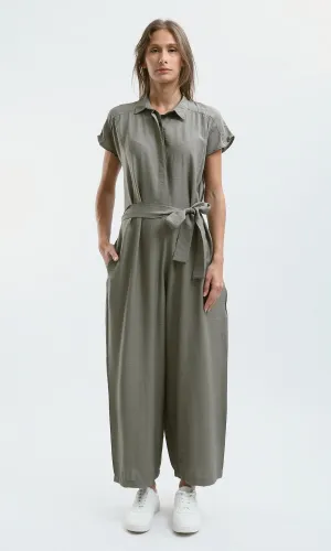 O178606 Dark Mint Summer Jumpsuit With Classic Collar
