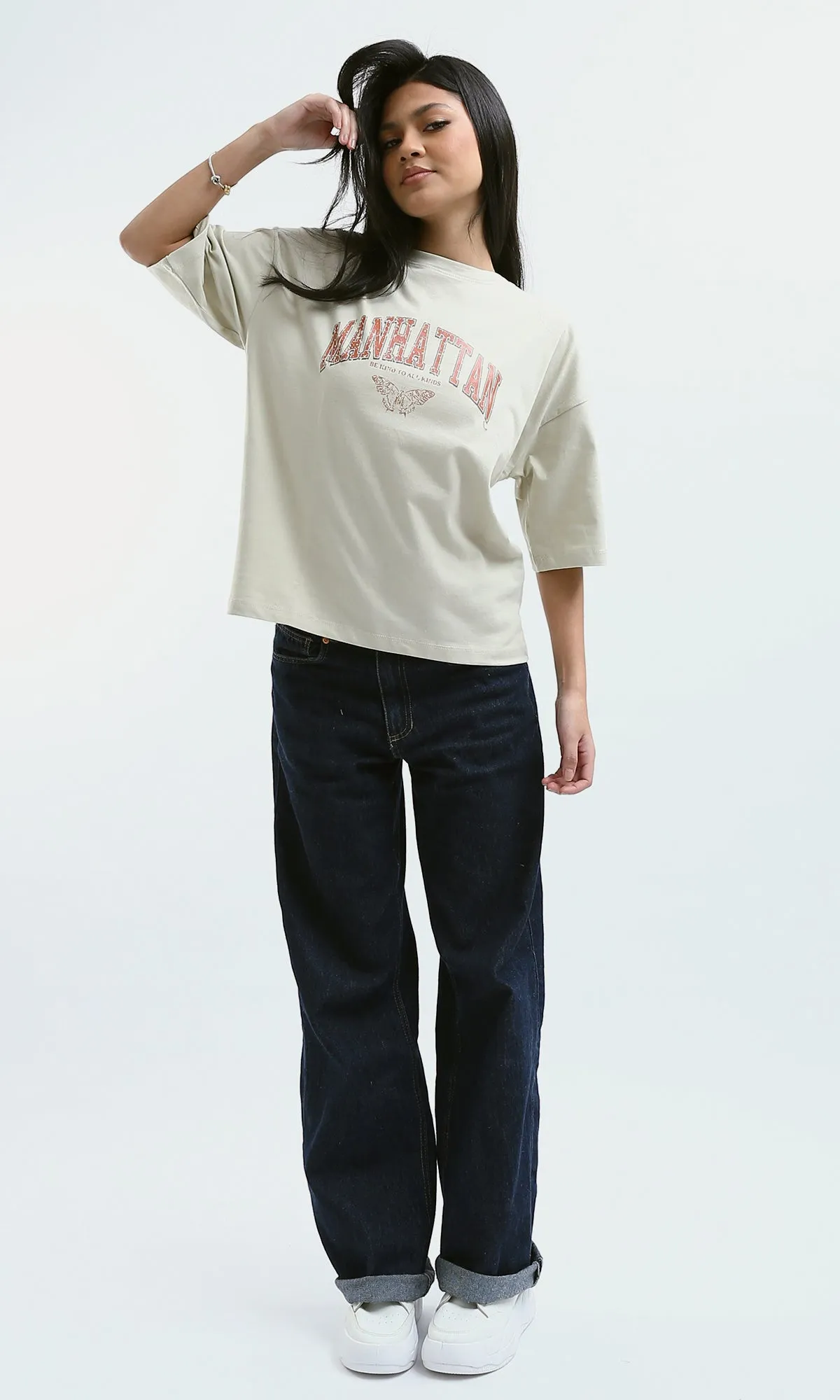 O189245 Elbow-Sleeves Printed "Manhattan" Pastel Beige Tee