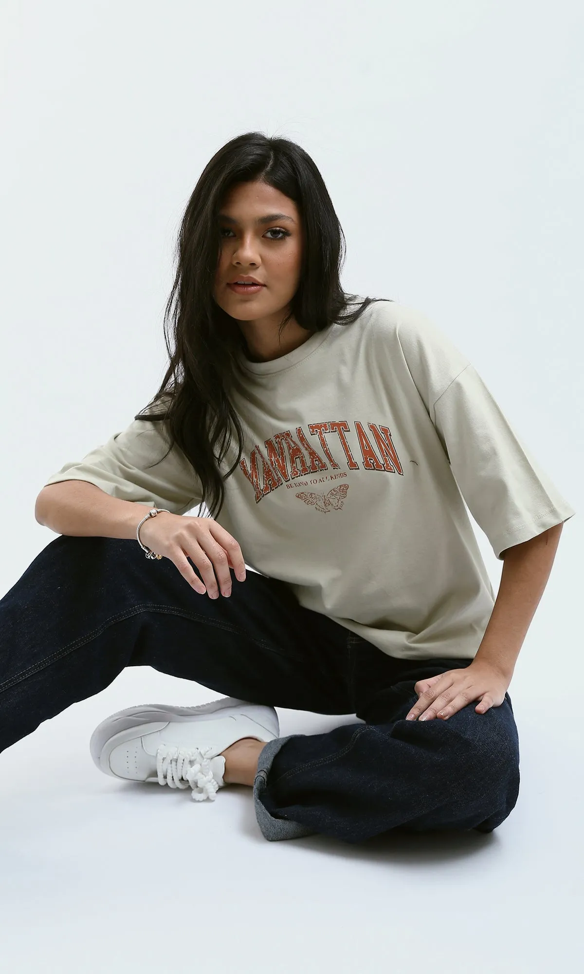 O189245 Elbow-Sleeves Printed "Manhattan" Pastel Beige Tee