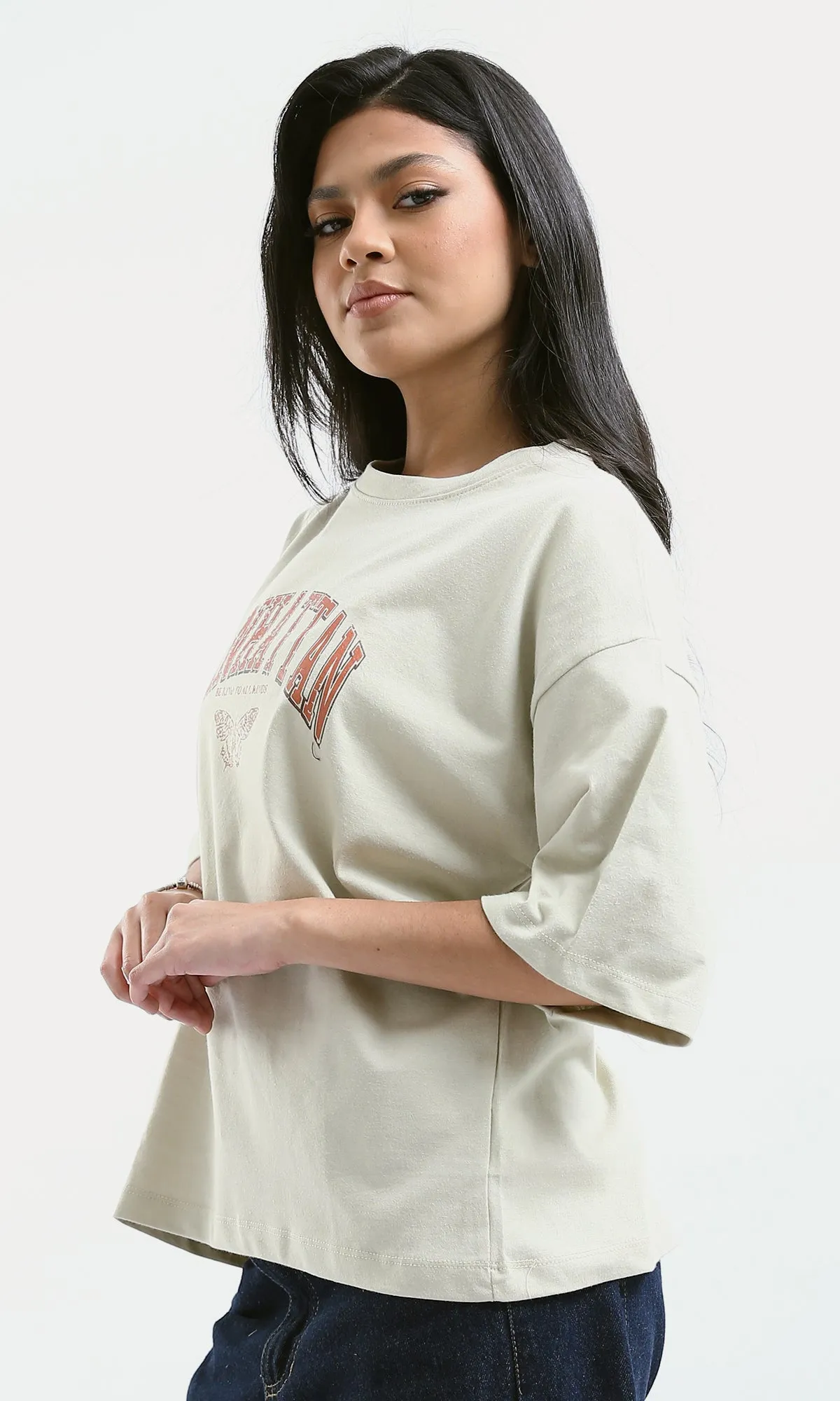 O189245 Elbow-Sleeves Printed "Manhattan" Pastel Beige Tee