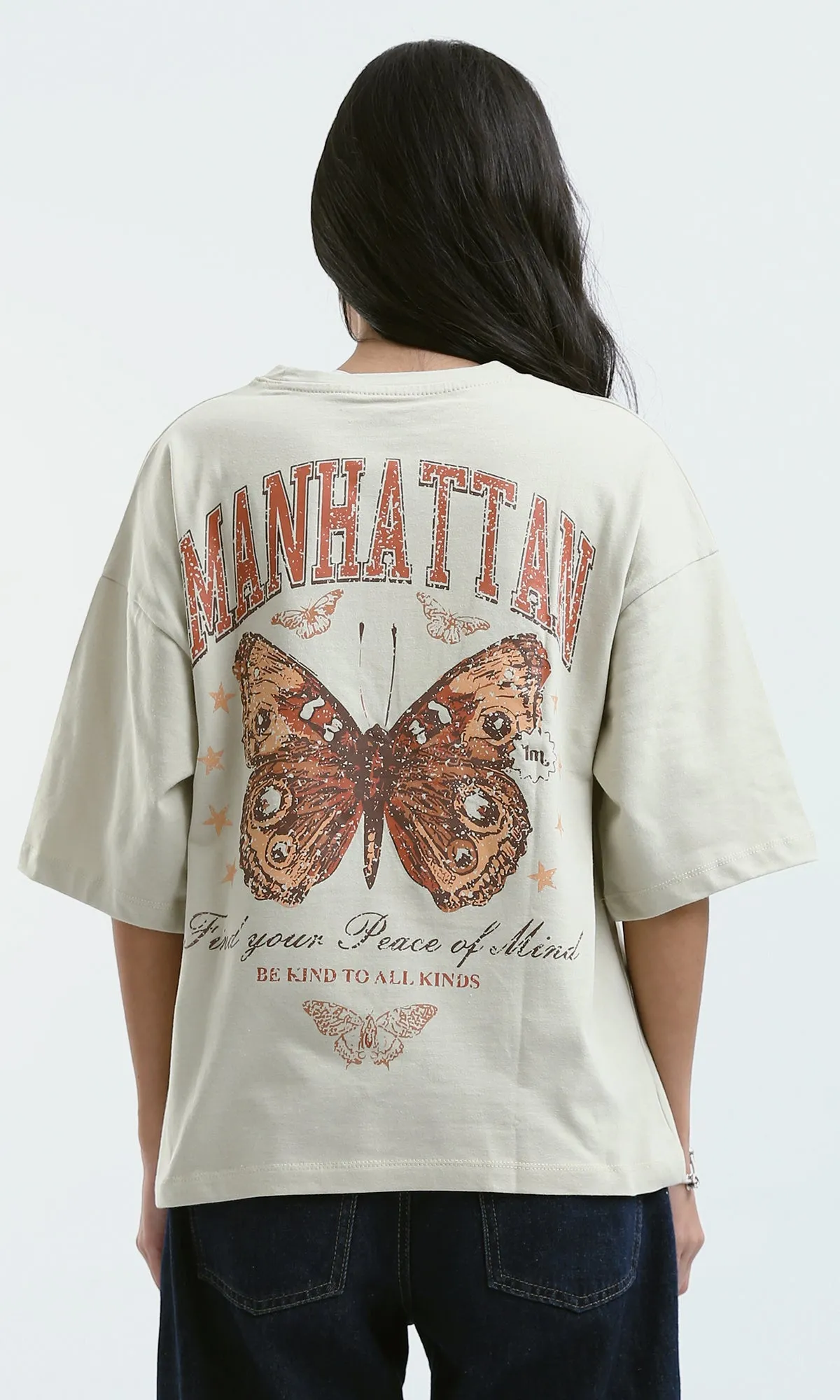 O189245 Elbow-Sleeves Printed "Manhattan" Pastel Beige Tee