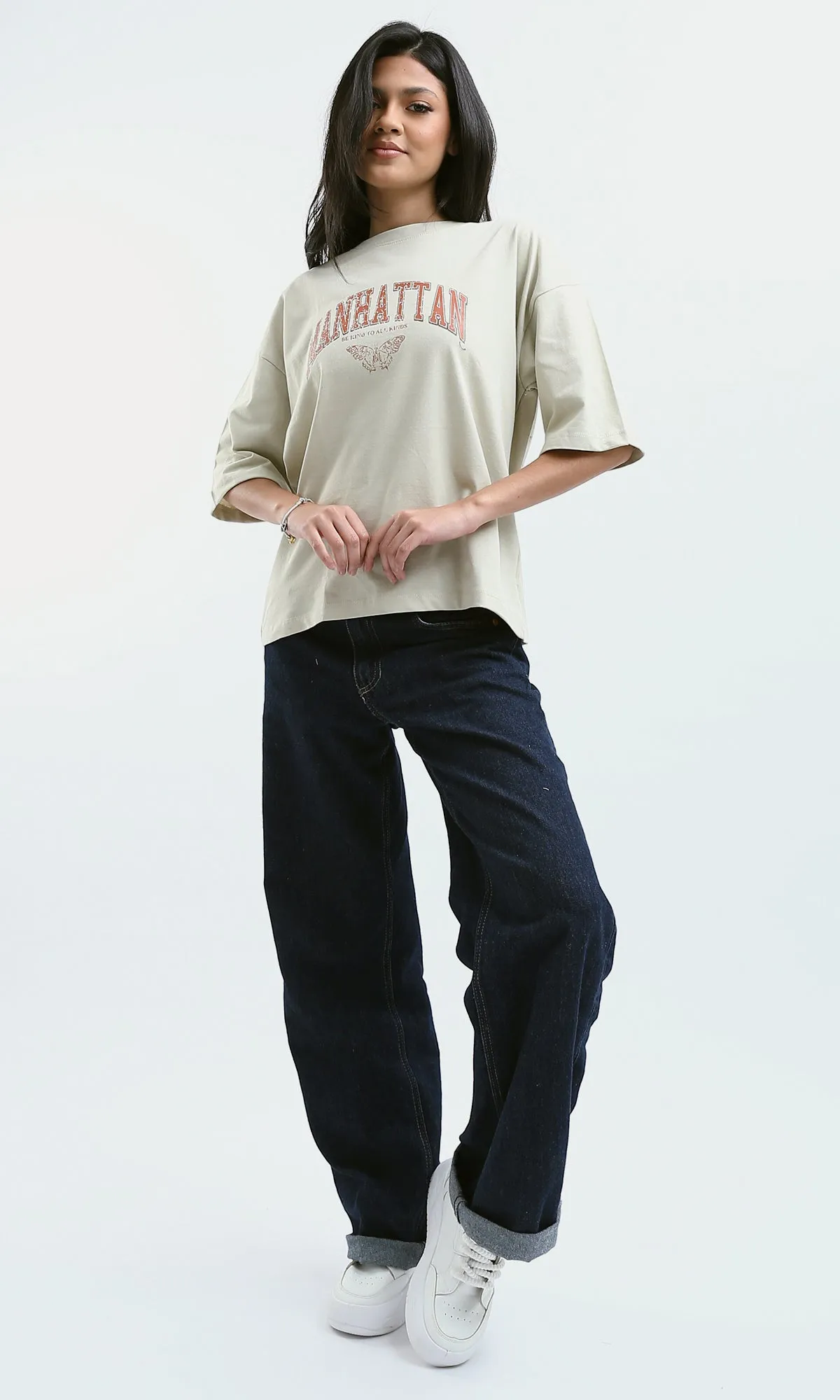 O189245 Elbow-Sleeves Printed "Manhattan" Pastel Beige Tee