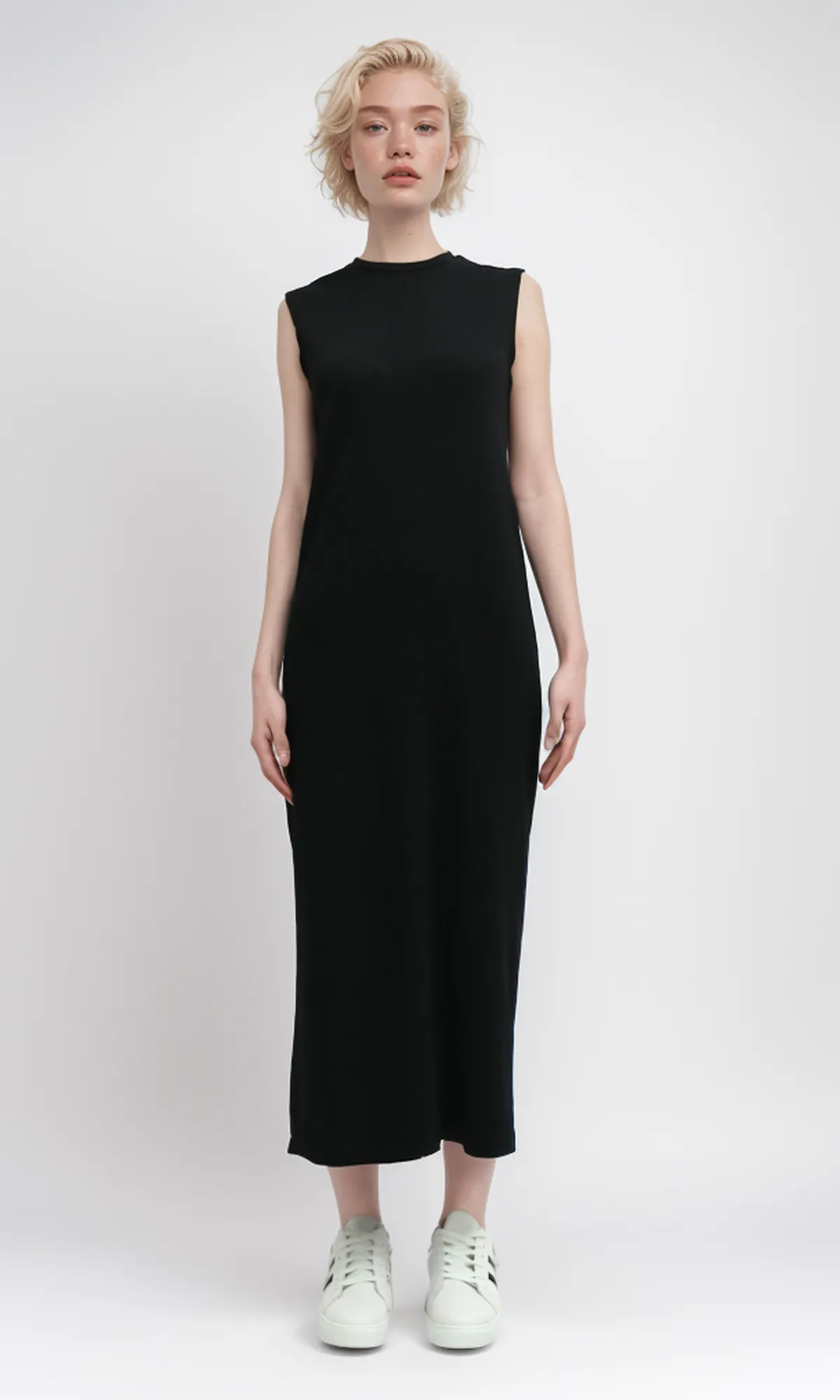 O198523 Round Neck Sleeveless Ribbed Maxi Dress
