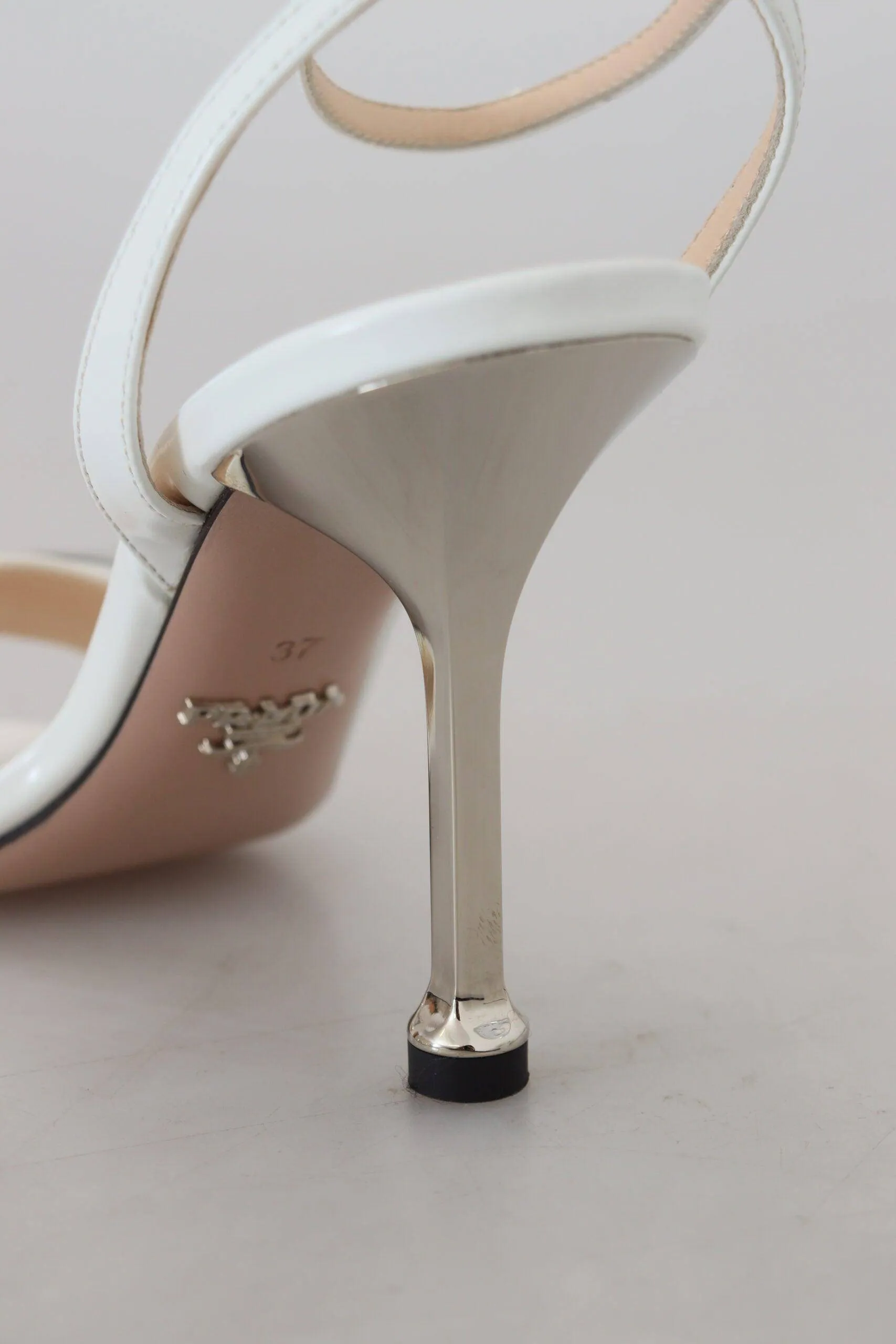 Prada Silver White Leather Sandals Ankle Strap Heels Shoes