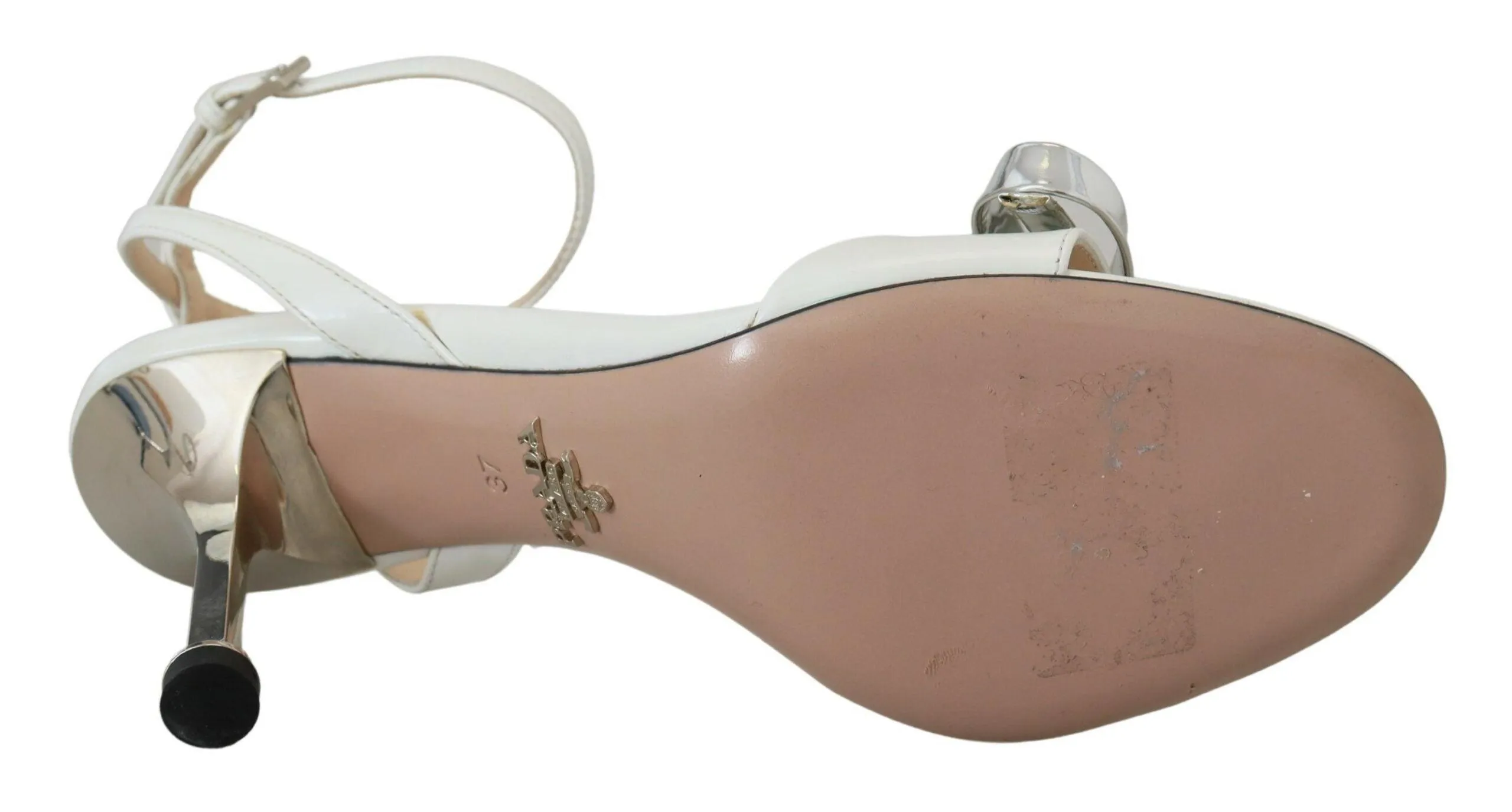 Prada Silver White Leather Sandals Ankle Strap Heels Shoes