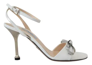 Prada Silver White Leather Sandals Ankle Strap Heels Shoes