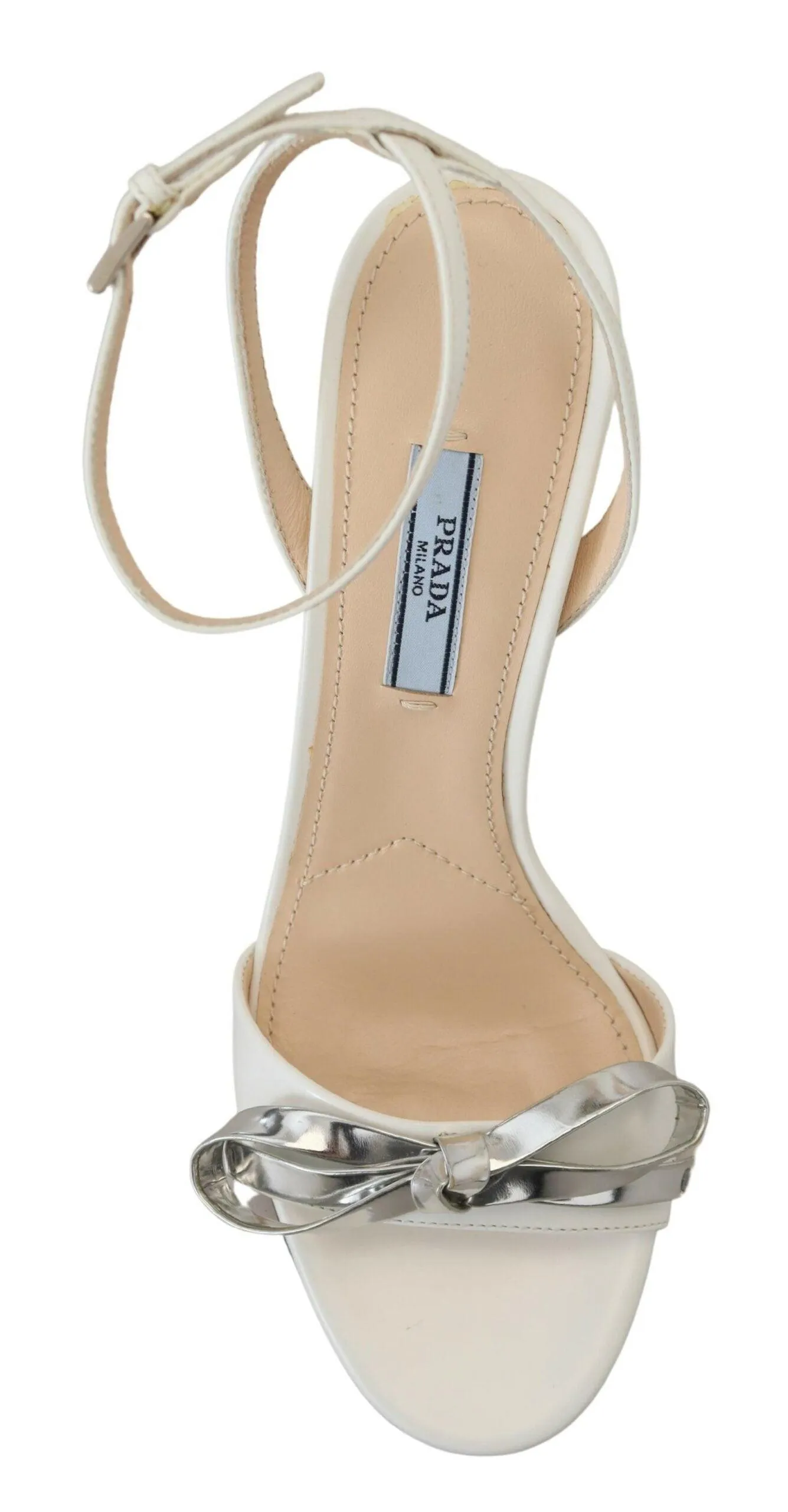 Prada Silver White Leather Sandals Ankle Strap Heels Shoes