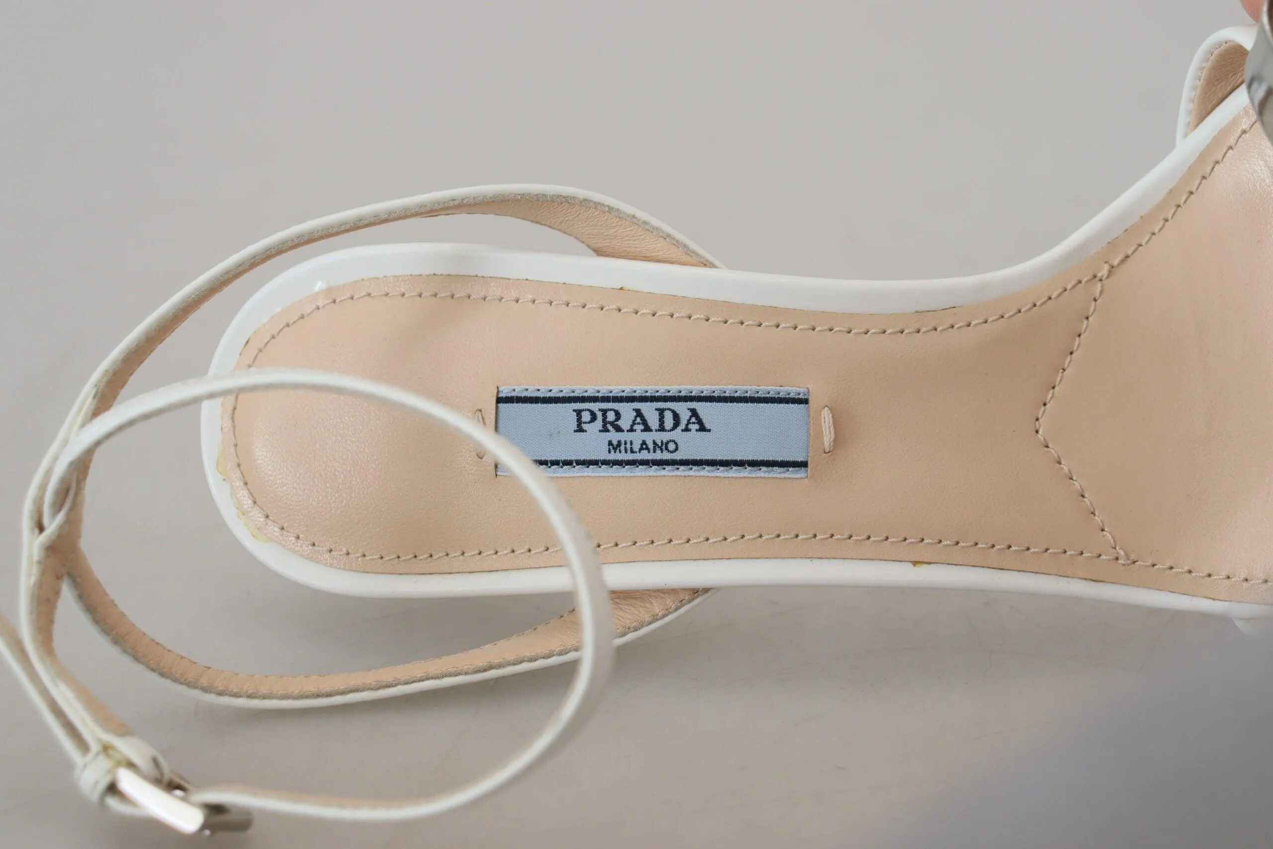 Prada Silver White Leather Sandals Ankle Strap Heels Shoes