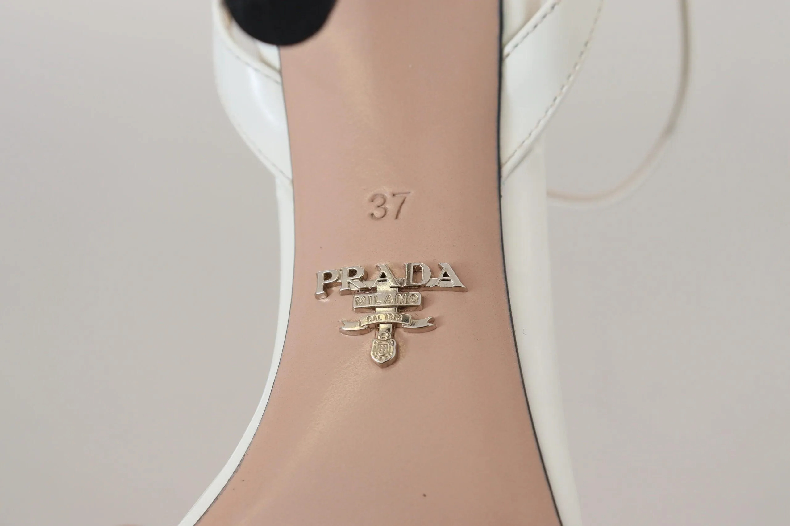 Prada Silver White Leather Sandals Ankle Strap Heels Shoes