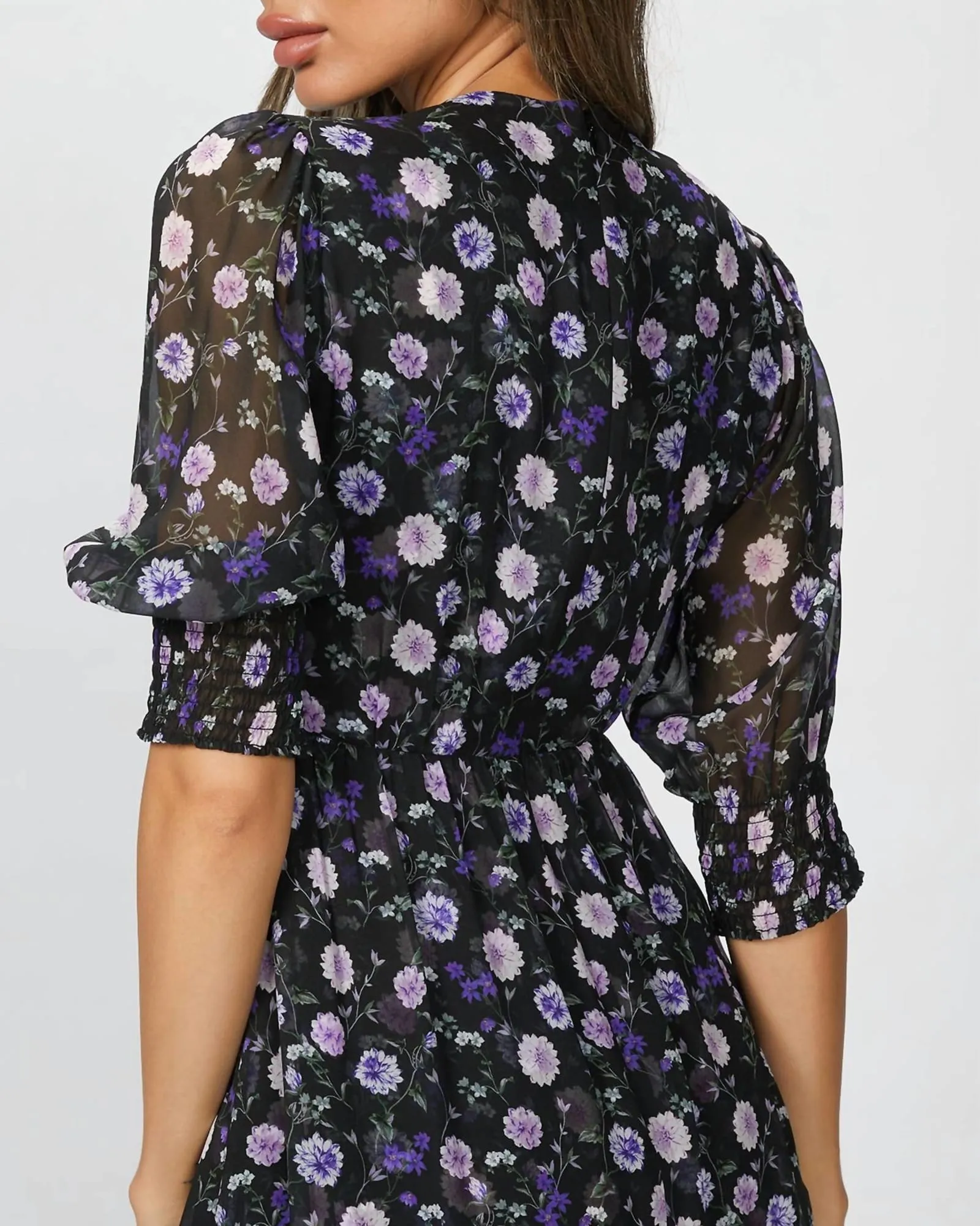 Printed Midi Dress in Black/Purple Peony | Black/Purple Peony