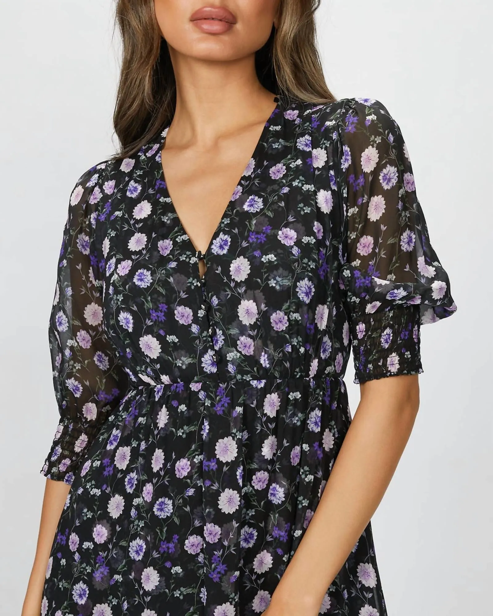 Printed Midi Dress in Black/Purple Peony | Black/Purple Peony