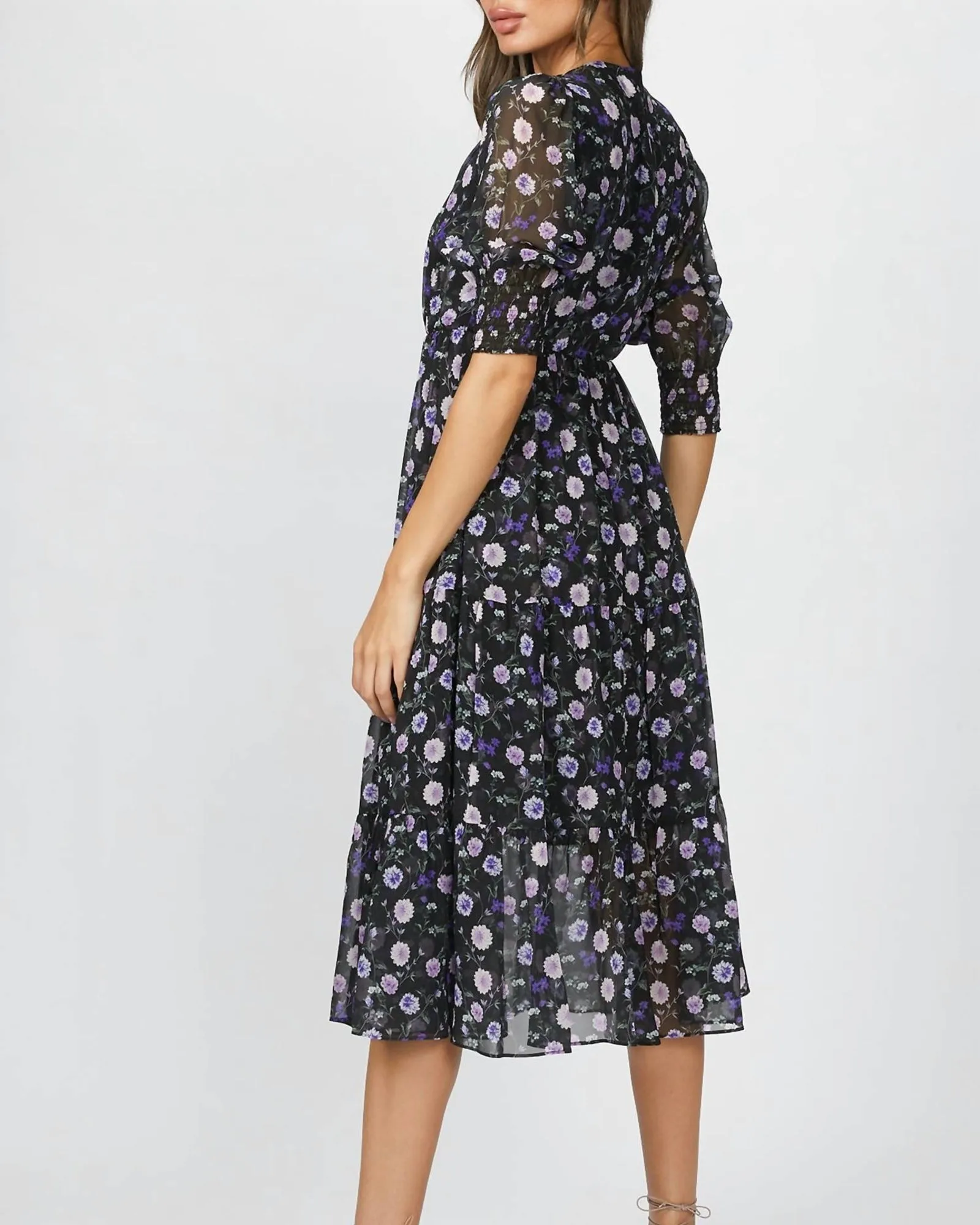 Printed Midi Dress in Black/Purple Peony | Black/Purple Peony