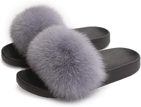 Stone Real Polar Fox Fur Slippers
