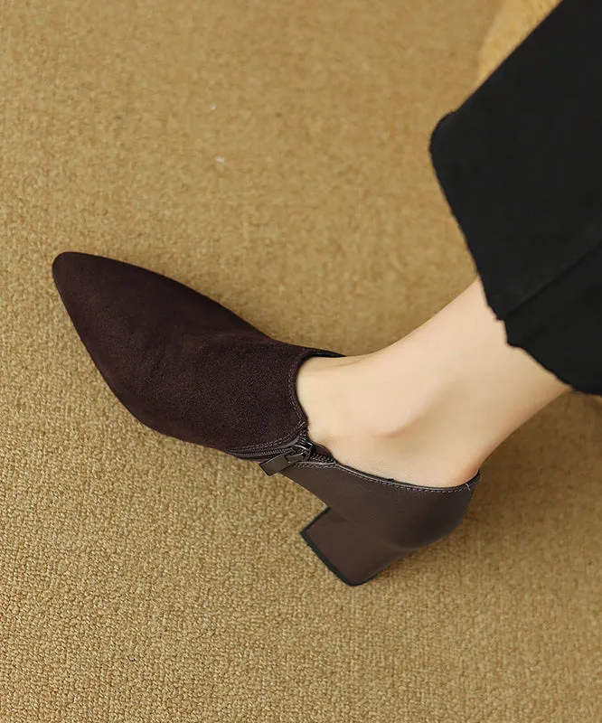 Suede Zippered Splicing Boutique Brown Chunky Heels Pointed Toe AP1021