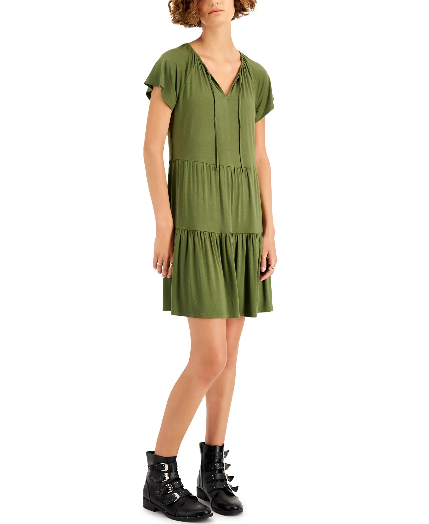 Tiered-Skirt Tie-Neck Dress