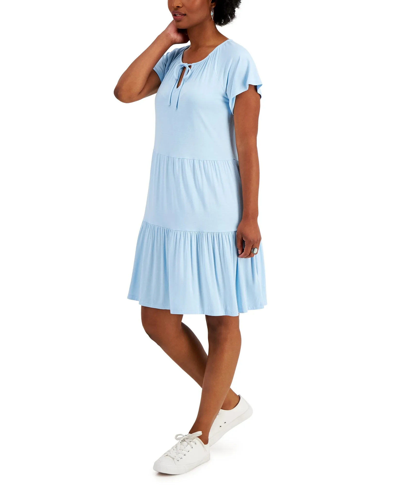 Tiered-Skirt Tie-Neck Dress