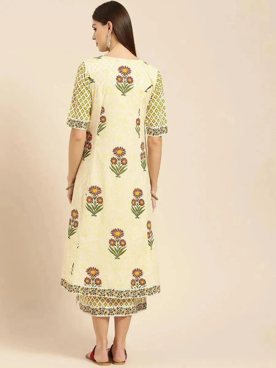 Yellow Printed Cotton Dress With Jacket